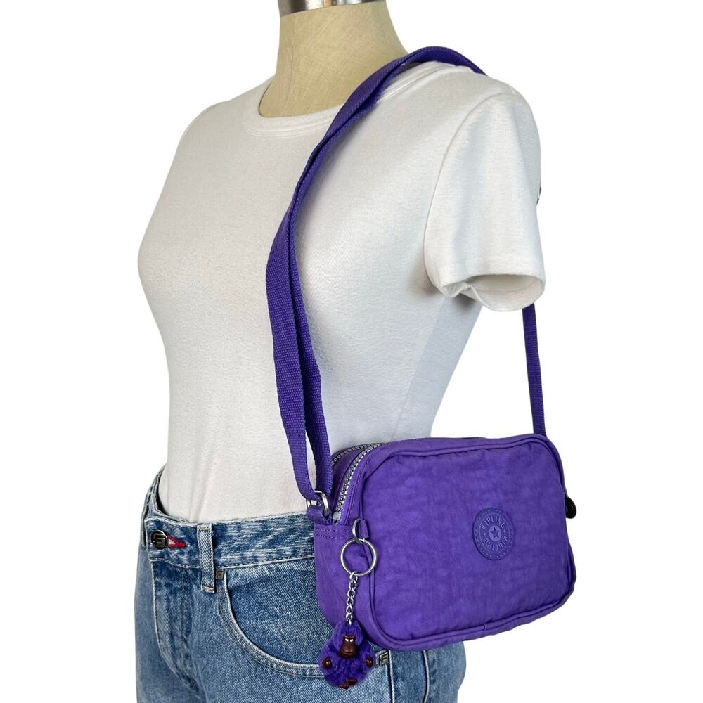 Kipling Purple Nylon Mini Shoulder Purse Adjustable Strap with Monkey Keychain